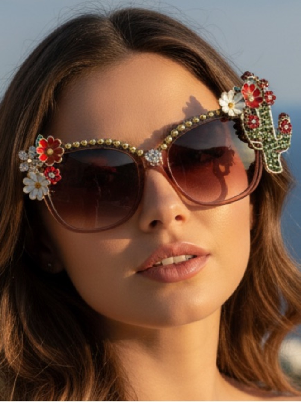 Embellished Flower & Cactus‎ Oversized Sunglasses - Brown Gradient Lenses